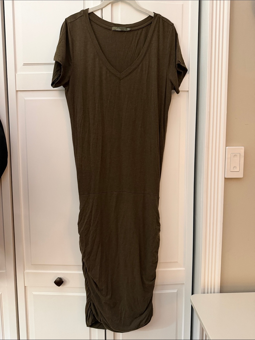 Prana Lenzing Modal ruched Midi Dress Olive Green Large Soft Stretch Travel